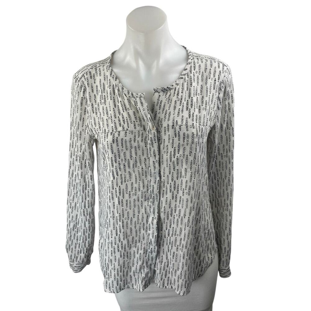 Ann Taylor LOFT White Black Abstract Long Sleeve Button Down Blouse Top Size XS